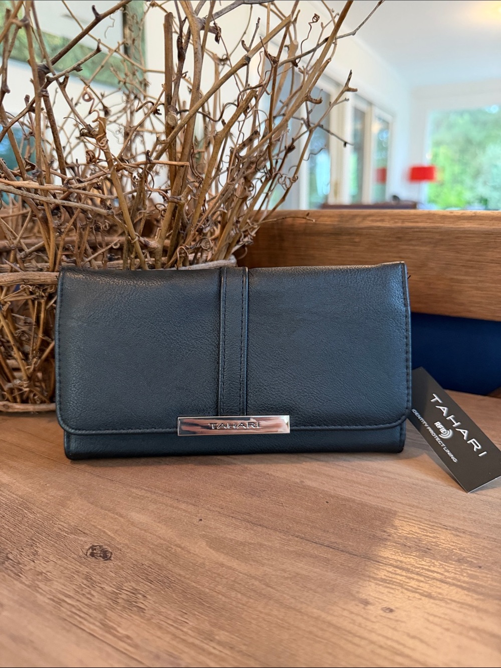 Tahari Black Faux Leather RFID Foldover Wallet with Metal Accent